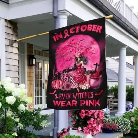 In October Even Witches Wear Pink Breast Cancer Awareness Flag