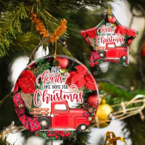 All Hearts Come Home For Christmas Red Truck Christmas Wreath Ceramic Ornament