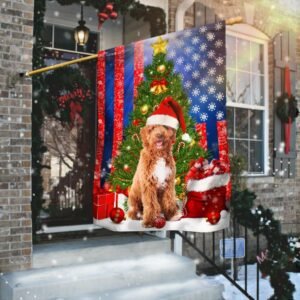 Goldendoodle. Merry Christmas American Flag