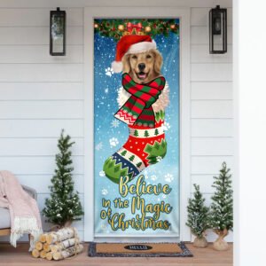 Believe In The Magic Of Christmas. Golden Retriever In Sock Door Cover