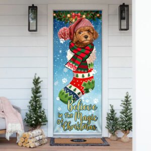 Believe In The Magic Of Christmas. Poodle In Sock Door Cover