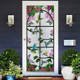 Hummingbird Floral Garden Stained Glass Door Cover
