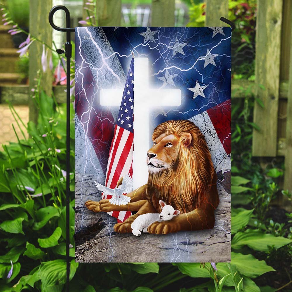 Lion And Lamb Cross American House Flag Garden Flag 2 Sided Home Decor July Gift