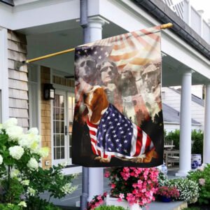 Patriotic Basset Hound With Mount Rushmore Flag