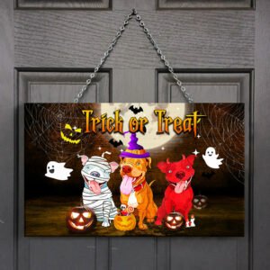Halloween Trick Or Treat Pit Bull Dogs Costume Rectangle Wooden Sign QNN04WD