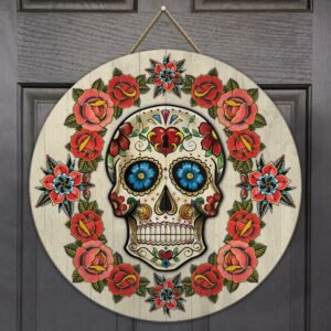 Halloween Decoration Día de Muertos Sugar Skull Round Wooden Sign MBH104WD