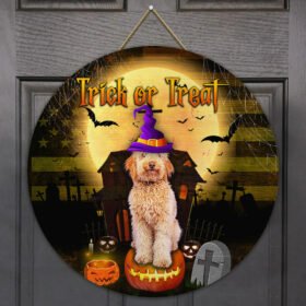 Goldendoodle Trick Or Treat Halloween Round Wooden Sign QNN06WD