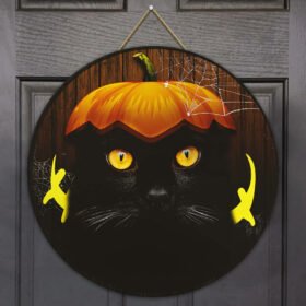 Halloween Decor Black Cat Round Wooden Sign ANT112WD