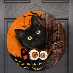 Halloween Black Cat Boo Round Wooden Sign ANL157WD