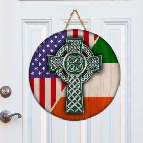 Celtic Cross Irish American Flag Round Wooden Sign QNK19WD