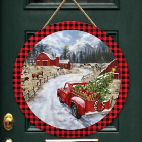 Christmas Door Sign Red Truck Christmas Tree Wooden Sign TRL1512WD