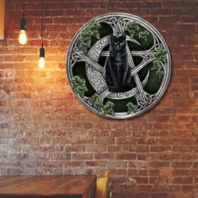Witchcraft Wiccan Black Cat Sitting On A Celtic Crescent Moon Hanging Metal Sign THH3459MS