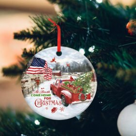 Red Truck America Round Ceramic Ornament All Hearts Come Home For Christmas DDH2926O