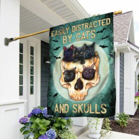 Black Cat Skull Halloween Flag Easily Distracted By Cats And Skulls QNN561F