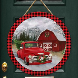 Christmas Wooden Sign Red Truck Christmas Barn Farmhouse Door Sign TRL1516WD