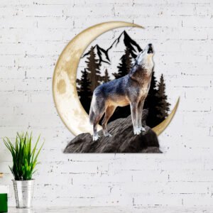 Wolf Howling Moon Hanging Metal Sign THH3525MSv1
