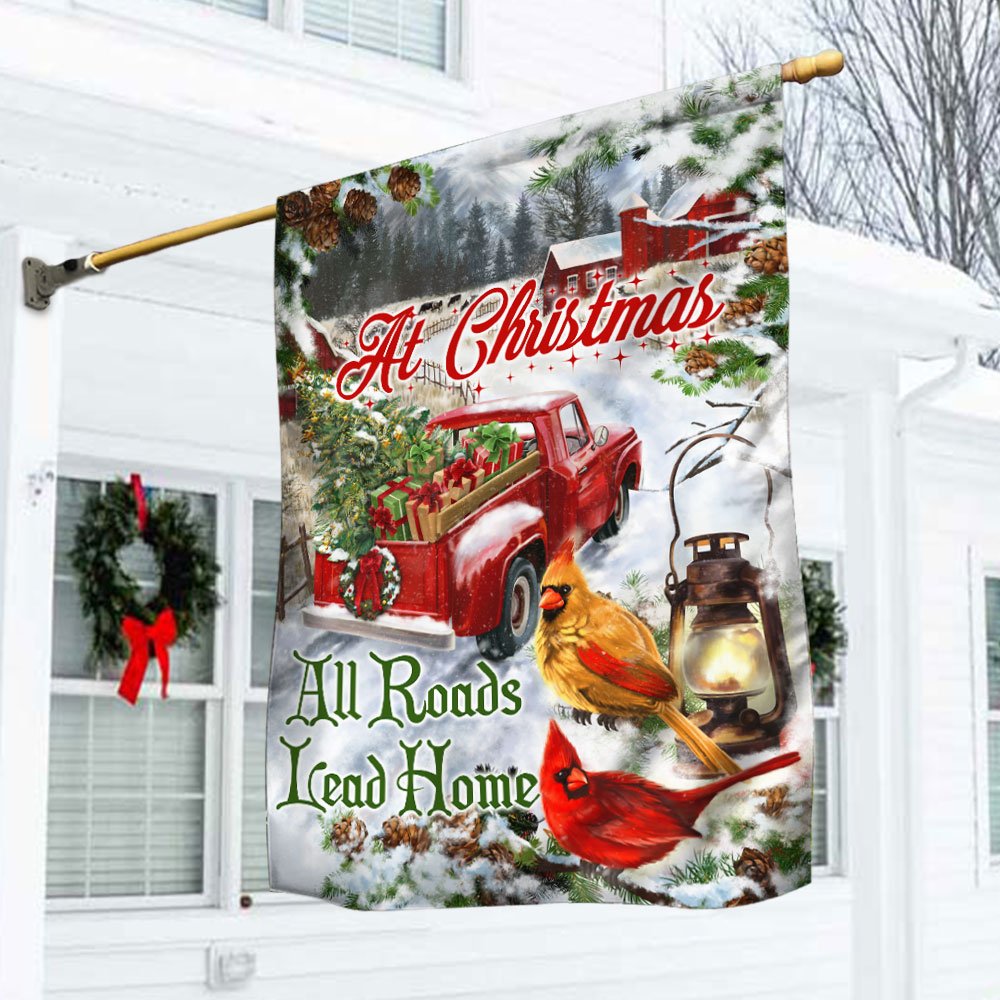 Cardinals Red Truck All Roads Lead Home For Christmas Flag 