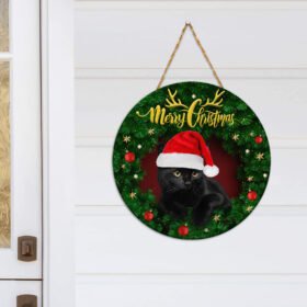 Christmas Cat Door Hanger Merry Christmas Black Cat Wooden Sign TRV1578WD