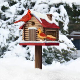 Cardinals With Birdhouse Christmas Garden Metal Sign QNN645MS