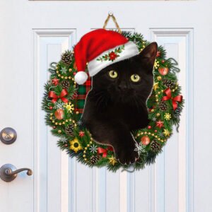 Black Cat Meowy Christmas Wooden Door Sign THH3449WD