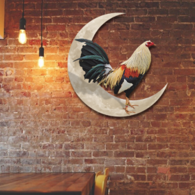 Rooster And Moon Hanging Metal Sign, Gamefowl Rooster, Fighting Rooster QNK1005MSv1c