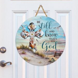 Seashells Cross. Be Still And Know That I Am God. Beach Wooden Door Sign THH3616WS