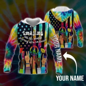 Personalized Zip Hoodie Hippie Imagine All The People Living Life In Peace Custom Name DBD3141ZHCT