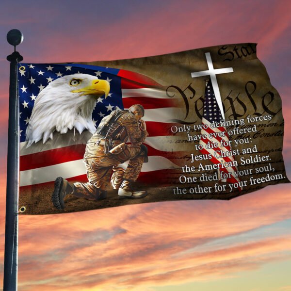 Owe To Jesus Christ And The American Soldier Grommet Flag. Veteran Christ Cross Grommet Flag MLN110GF
