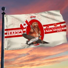 Canada Grommet Flag Happy Canada Day Beaver And Goose BNN155GF