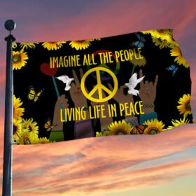 Hippie Sunflower Peace Sign Flag Imagine All The People Living Life In Peace Grommet Flag MLN275GF