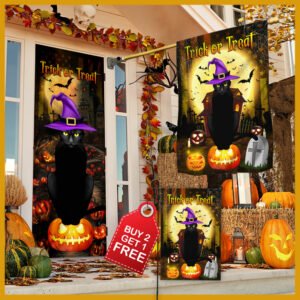 Black Cat Pumpkin Trick Or Treat Halloween Door Cover & Banner Home Decor QNN298DS
