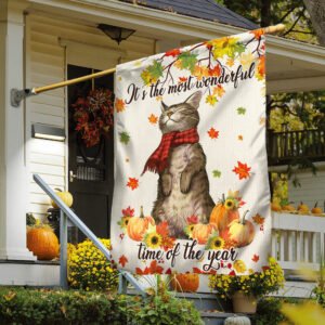 Fall Cat Welcome Flag It's The Most Wonderful Time Of The Year Flag MLN500F