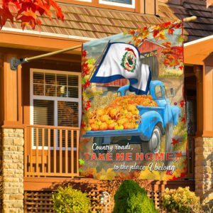 West Virginia. Halloween Pumpkins Truck Flag Country Roads, Take Me Home To The Place I Belong Flag MLN528F