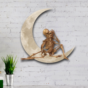Skeleton Couple Halloween On The Moon Hanging Metal Sign Skull Couple Wall Sign QNK1005MSv19a