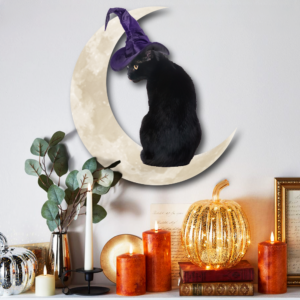 Black Cat Halloween On The Moon Hanging Metal Sign QNK879MSf