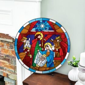 Nativity Of Jesus Christmas Round Wooden Sign, Oh Holy Night Door Sign TQN773WD