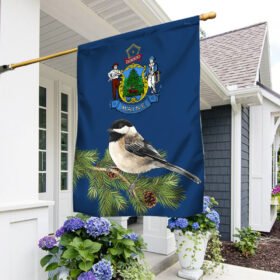 Maine Flag Black-Capped Chickadee with White Pine Cone and Tassel BNN677F