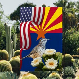 Arizona State Cactus Wren Bird and Saguaro Cactus Flag MLN1141Fv24