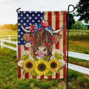 Patriotic Highland Cow Flag, 4th Of July Highland Cattle, Fluffy Cow American Flag TQN1175F