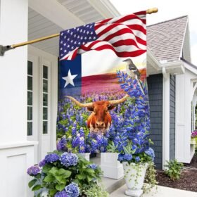 Texas  Bluebonnets With Longhorn and Mockingbird Texas Flag TPT767F