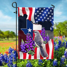 Texas Bluebonnets with Longhorn and Mockingbird, Texas Flag TPT766Fv1