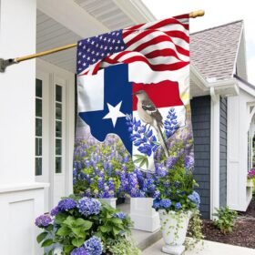 Texas  Bluebonnets With Longhorn and Mockingbird Texas Flag TPT775F
