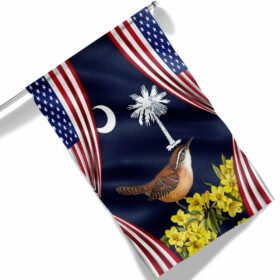 South Carolina Yellow Jessamine Flower and Carolina Wren Bird American Flag MLN1292F