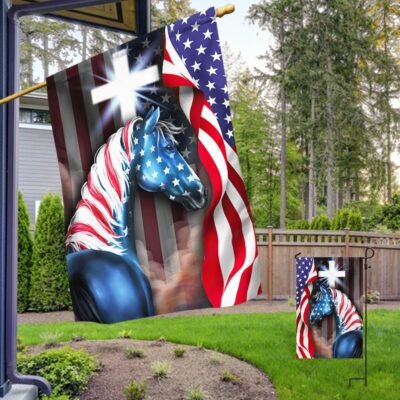 Patriotic Horse with Christian Cross American Flag TPT873F