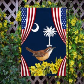 South Carolina Yellow Jessamine Flower and Carolina Wren Bird American Flag MLN1292F