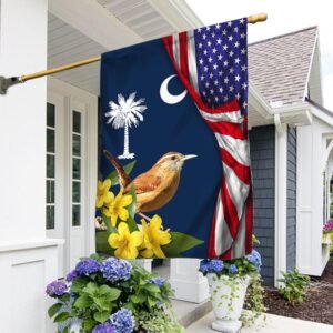 Carolina Wren Bird and Yellow Jessamine Flower, South Carolina American Flag TPT928Fv2