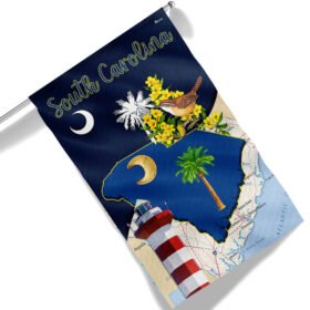 South Carolina Palmetto Tree and Gorget. Carolina Wren Bird and Yellow Jessamine Flower. SC Lighthouse Flag MLN1651F