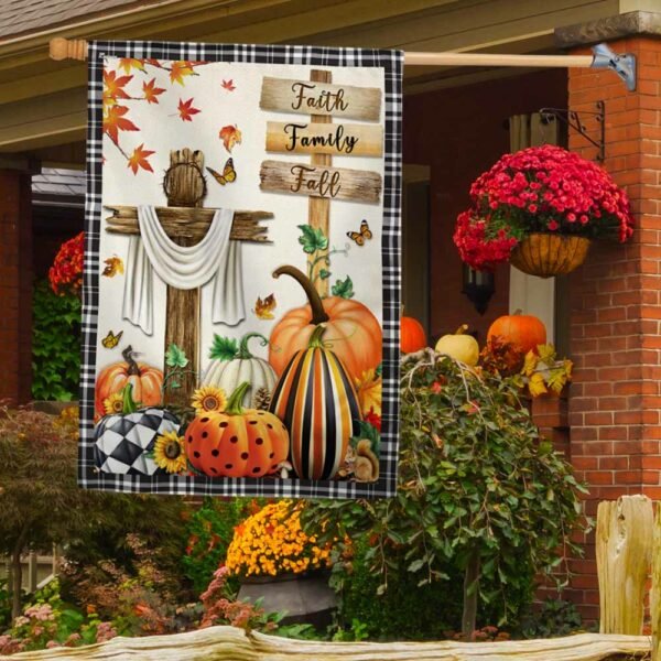 Fall Flag Faith, Family, Fall Christian Cross Pumpkins Thanksgiving Flag TPT352Fv2