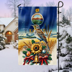 Kansas State Sunflower and Meadowlark Bird Winter Christmas Flag MLN2054F
