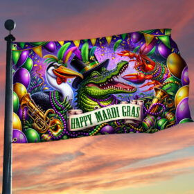 Happy Mardi Gras Alligator Pelican Crawfish Grommet Flag TQN2458GF